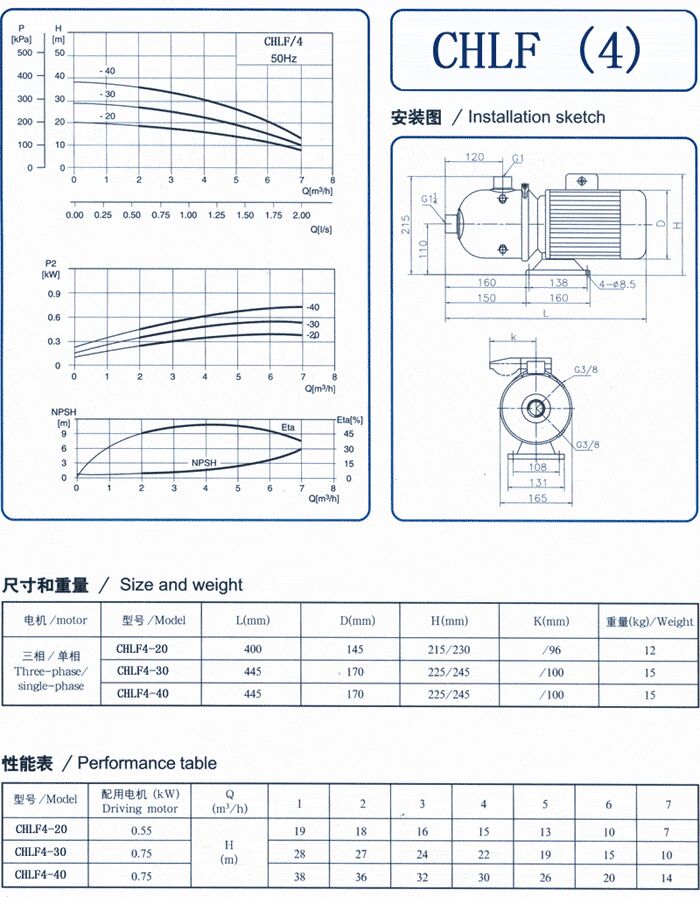 CHLF輕型立式不銹鋼多級離心泵安裝圖、尺寸、性能