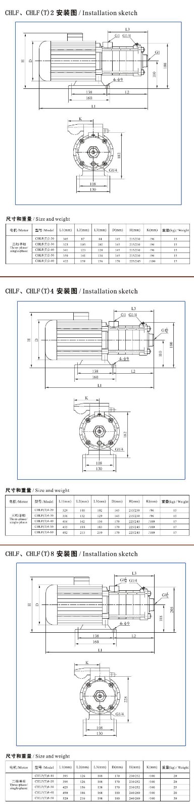 CHLF(T)輕型不銹鋼多級離心泵安裝圖、尺寸及重量