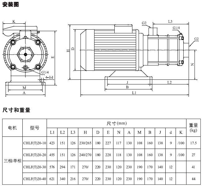 不銹鋼多級離心泵安裝圖、尺寸及重量