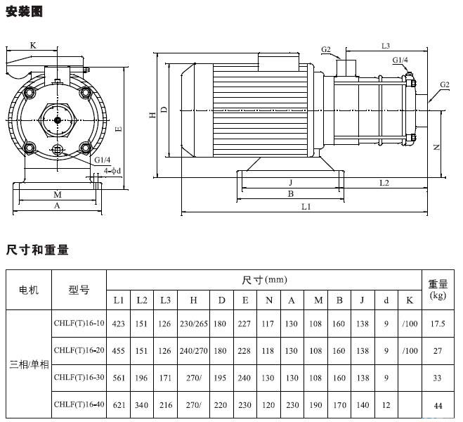 不銹鋼多級離心泵安裝圖、尺寸及重量