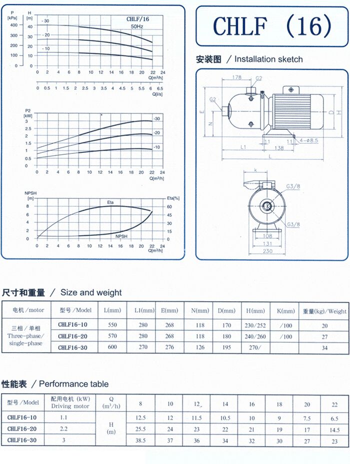 CHLF輕型不銹鋼多級(jí)離心泵尺寸和重量、性能表